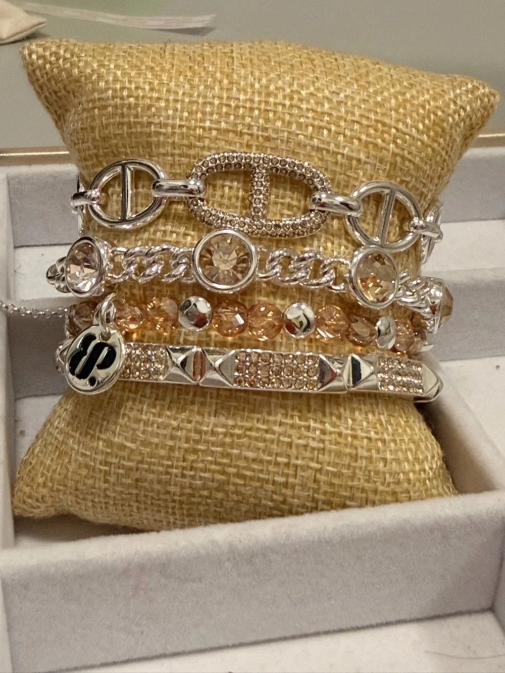 Bomb Party NWOT! Champagne Crystal and Silver Multi-Row Bracelet Set - Picture 2 of 9